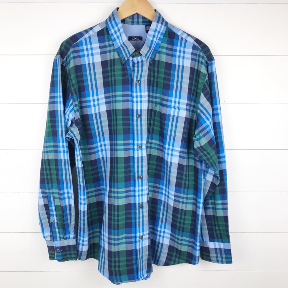 Izod L Button Front Plaid Shirt Long Sleeve Blue